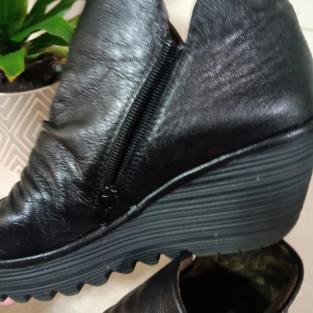 Fly London Black Leather Wedge Booties - Picture 7 of 9